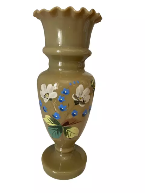 Antique Victorian, Bristol glass vase, opaline, olive hand blown & hand painted 2