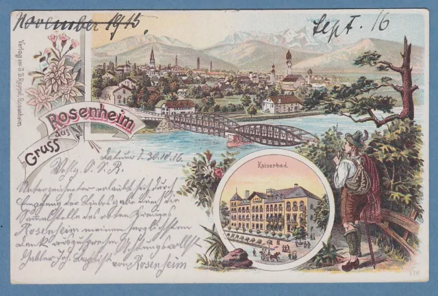 AK Gruss aus Rosenheim Panorama mit Innbrücke, Kaiserbad, gelaufen 1916 Feldpost