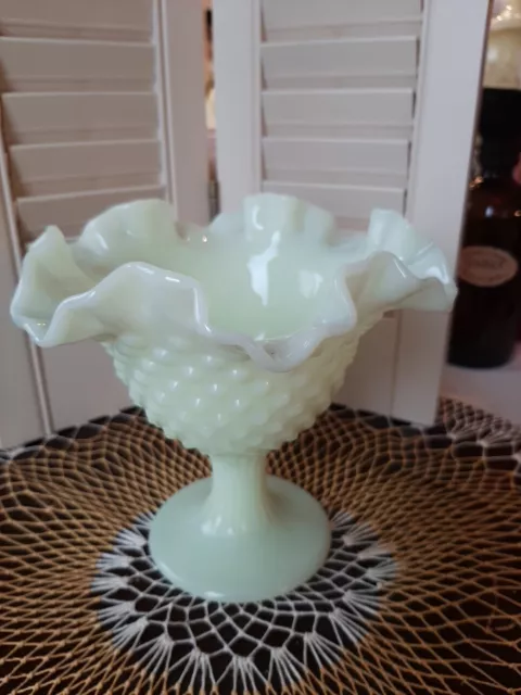 Vintage Fenton Custard Glossy Glass Hobnail Compote Candy Dish HTF Color  GLOWS!