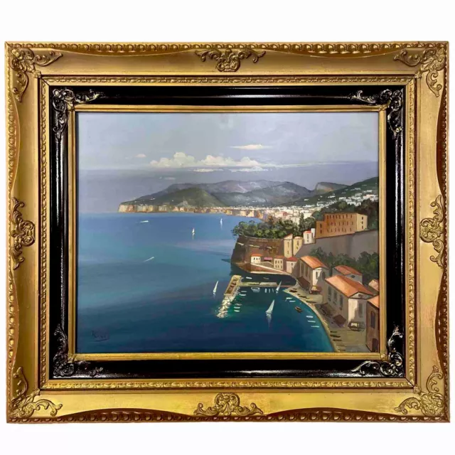 quadro dipinto a olio su tela marina di Sorrento con cornice in stile antico 900