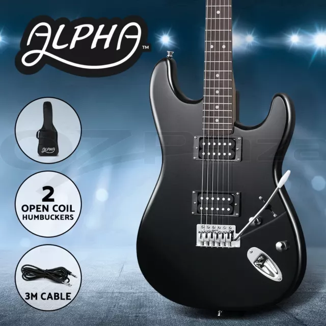 Alpha Electric Guitar Black Music Instrument Rock with Carry Bag Steel Strings