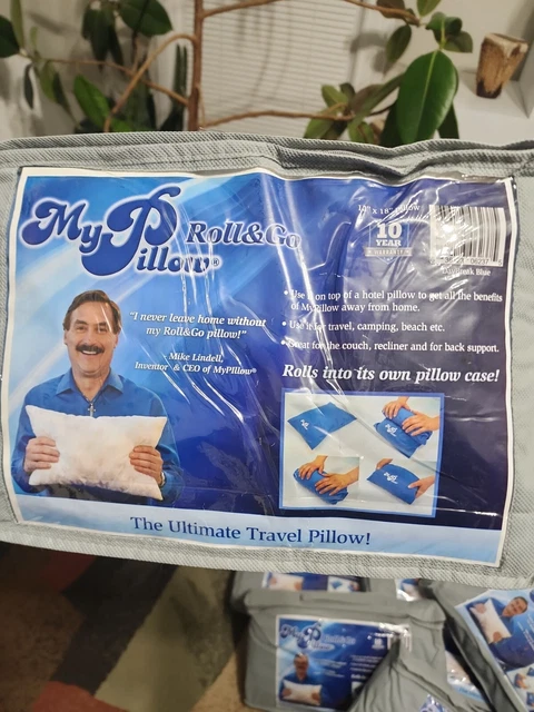 NEW My Pillow travel Pillow, 12”X18” Includes Daybreak Blue Roll & Go Case.