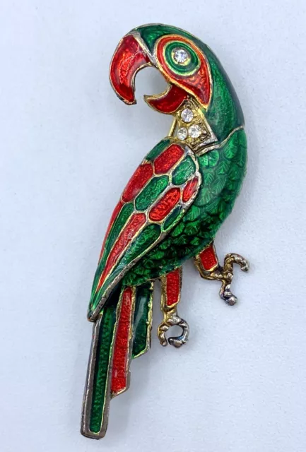 D8-1601 Vintage Brooch Gold Pin 2.25" Enamel Rhinestone Animal Parrot Bird