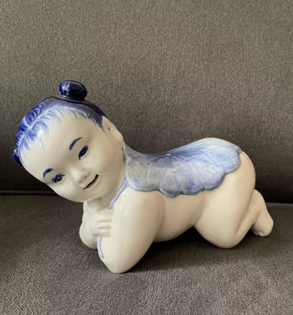 Vtg 50s Chinese Chinoiserie Hand Painted Blue/White Porcelain Opium Pillow Rest