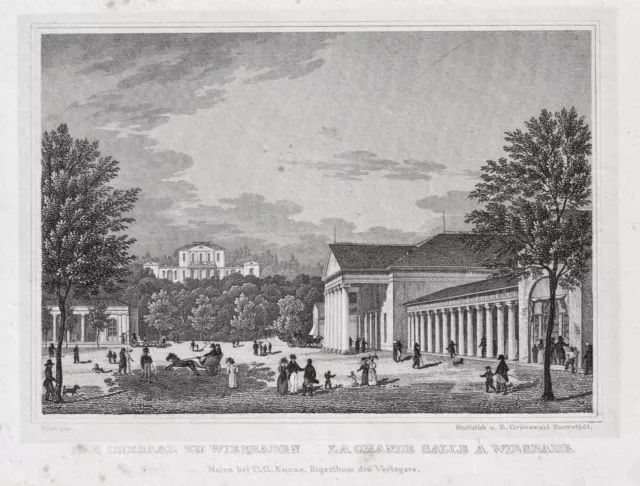 Wiesbaden Kursaal Hessen Aspecto Grabado de Acero Grünewald 1840