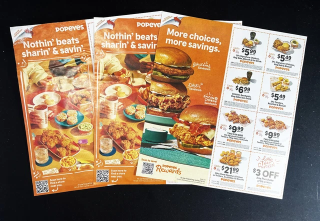 3 Sheets/ Pages of POPEYES Coupons  Expires  2-25-2024 More Choices More Savings