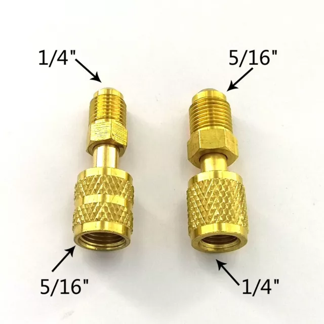 2x Brass R410a Adapters 5/16 SAE Female Quick Couplers To 1/4 SAE Male Flare