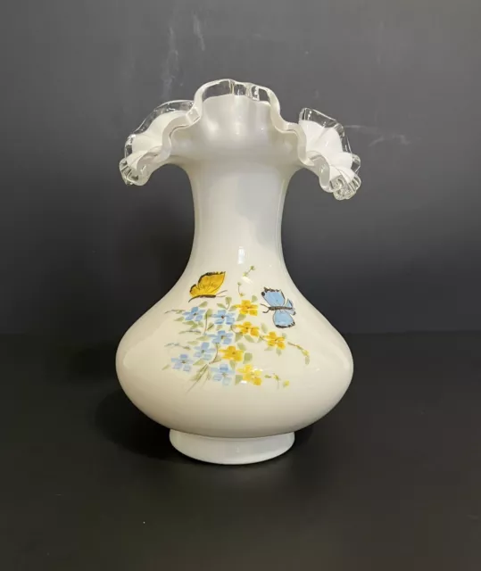 FENTON Hand Painted Butterflies & Flowers on Silver Crest Vase ~Artist Signed