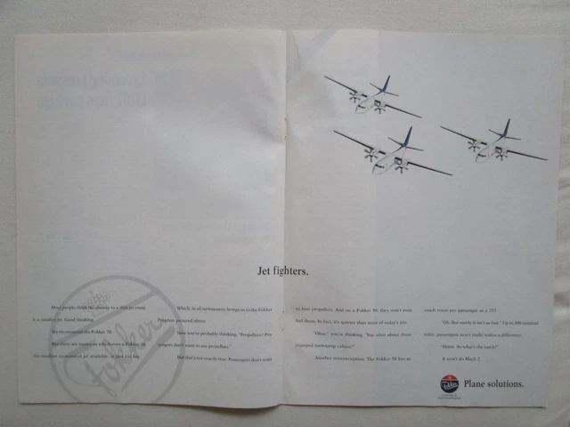 1993-95 Pub Fokker Aircraft Deutsche Aerospace Fokker 50 70 Airliner Original Ad