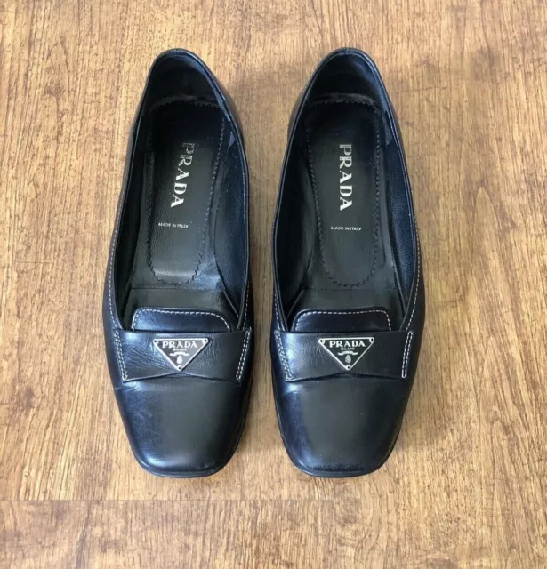 PRADA Black Leather Triangle Logo Flats Loafers-Sz 6-7 US-RARE-SEE DETAILS!