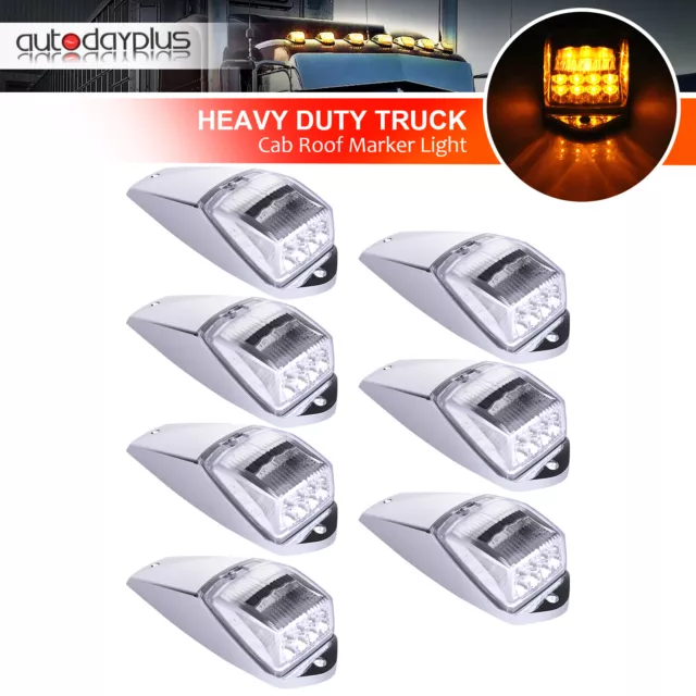 7x Clear Lens Amber LED Cab Marker Top Roof Lights Chrome For Peterbilt Trailer