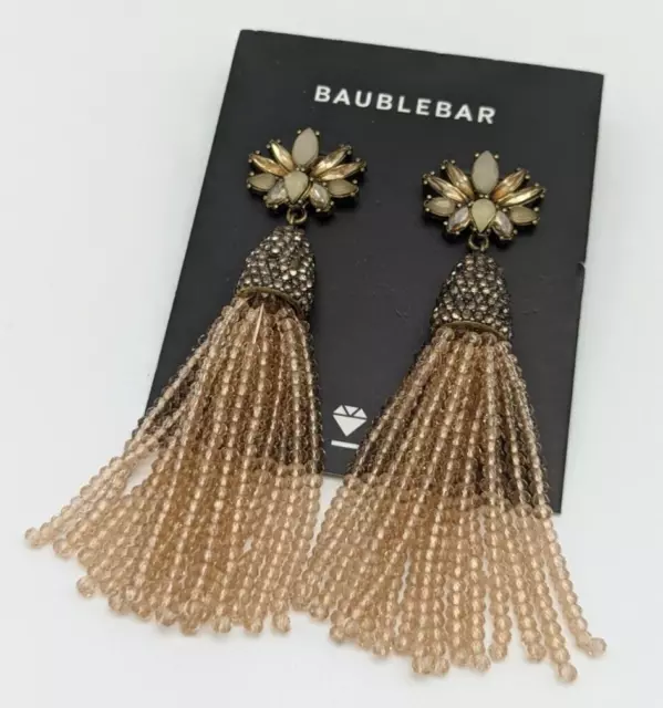 Signed Baublebar Gold Tone Tan Brown Dangling Glass Tassel Pierced Earrings