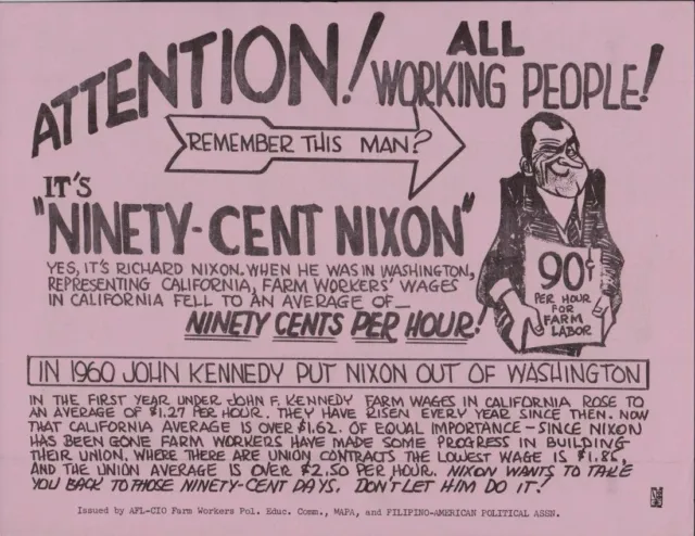 1968 "NINETY-CENT NIXON" For CA Farm Workers AFL-CIO Filipino-American Flier HHH
