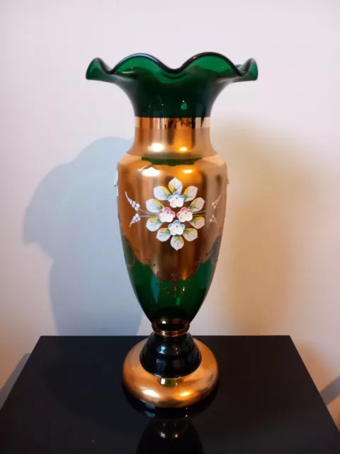 Tall Hand Blown Bohemian Green And Gold Glass Vase 15.5"