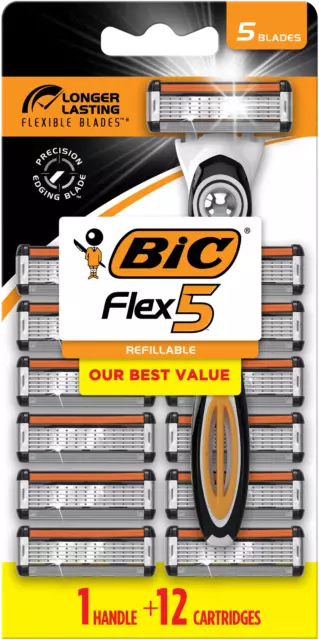 Flex 5 Refillable Razors for Men, Long-Lasting, 5-Blades, 1 Handle and 12 Re