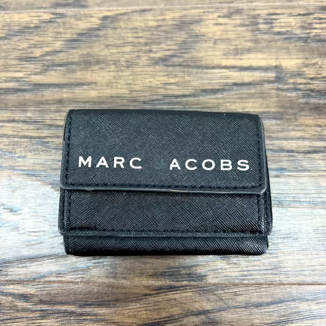 Marc Jacobs Tri-Fold Mini Wallet Compact Black Saffiano Leather Snap