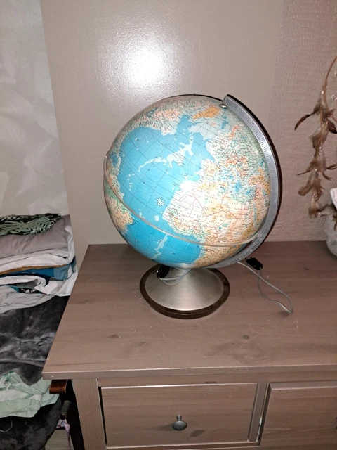 globe terrestre lumineux mappemonde bleu années 1970 vintage sur pied