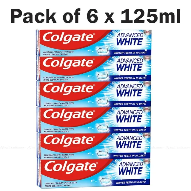 Colgate Advanced White Whitening Toothpaste Whiter Teeth - Pack of 6 x 125ml