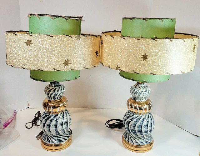 Vtg MCM Ceramic Table Lamp with Three Tier Fiberglass Shade Set of Two Atomic