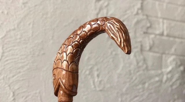 Hand Carved Wooden Fish Handle Walking Stick Walking Cane For Men Women Gift A