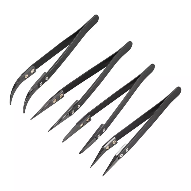 Precision Ceramic Tweezers Set Heat Resistant Pointed Round Curved 4 Pcs