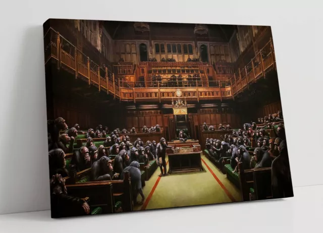 Banksy, Monkey Parliament Brown Sepia Tones-Canvas Wall Art Print Artwork Framed