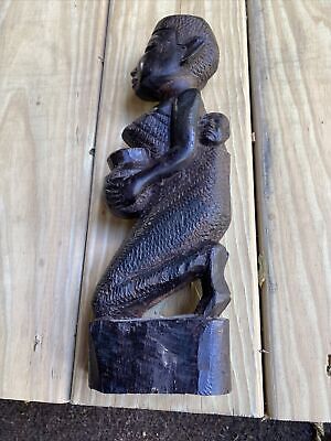 11 1/4” African Statue Ebony Carved Iron Wood Figure Tanzania Fig Women W/ Baby