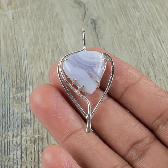Gift For Her 925 Sterling Silver Natural Blue Lace Agate Gemstone Pendant