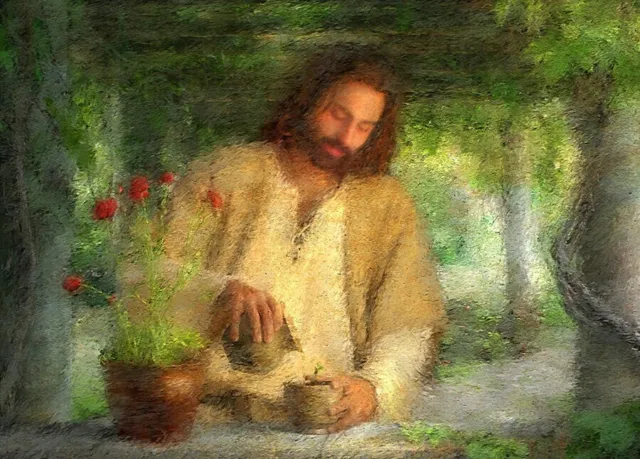 Perfect Oil painting male portrait Christ Jesus watering the plants in landscape