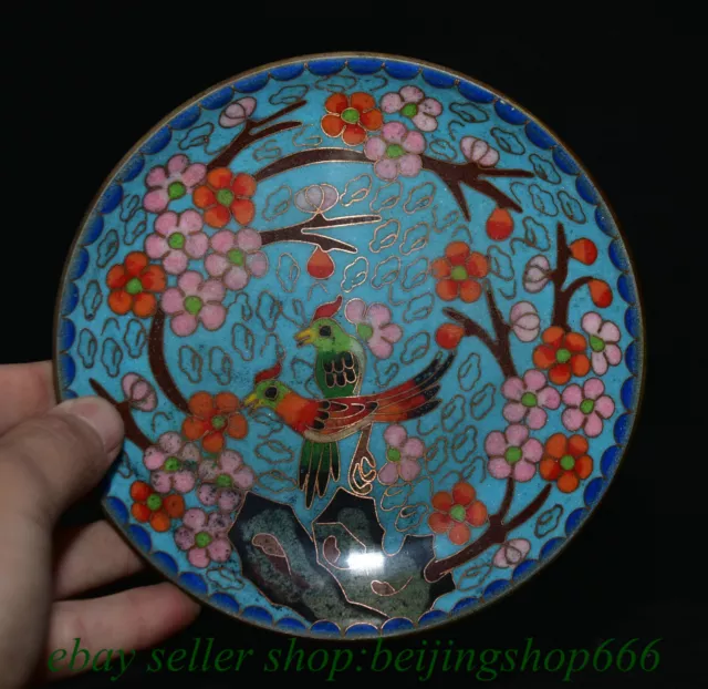 5.6" Marked Old Chinese Bronze Cloisonne Flower Bird Round Tray Plate Statue