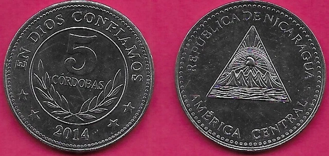 Nicaragua 5 Cordobas 2014 Unc Coat Of Arms With The Legend Around,The Water