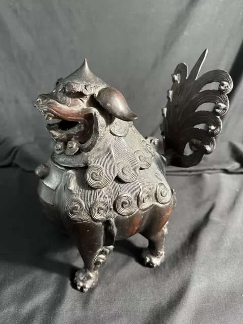 7.6" Antique Bronze China Foo Fu Dog Guardion Lion Incense Burner