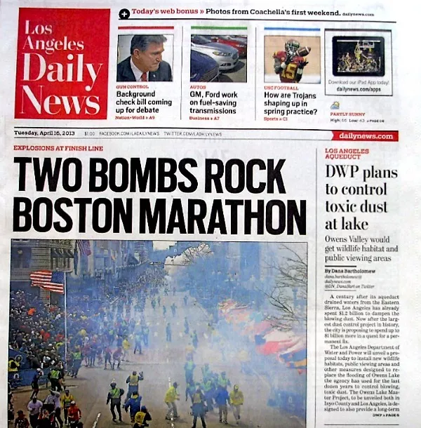 Boston Marathon Bombings Newspaper Los Angeles Daily News 4/16/2013 Terrorists
