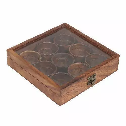 Wooden Square Spice Box (Masala Dabba) Storage With Glass Lid & 9 RoundContainer