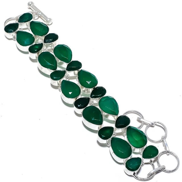 Émeraude (Simulé) Pierre Précieuse Fait à la Main 925 Sterling Bracelet Argenté