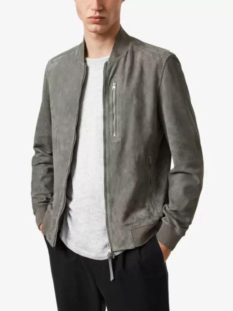 Men's Real Suede Leather Gray Bomber Jacket Western Wear Café Racer Biker Coat