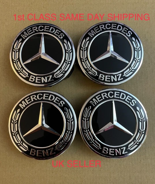 4x 75mm Black Glossy AMG Affalterbach Alloy Wheel Hub Centre Caps – Emblem Badge, Universal Fit