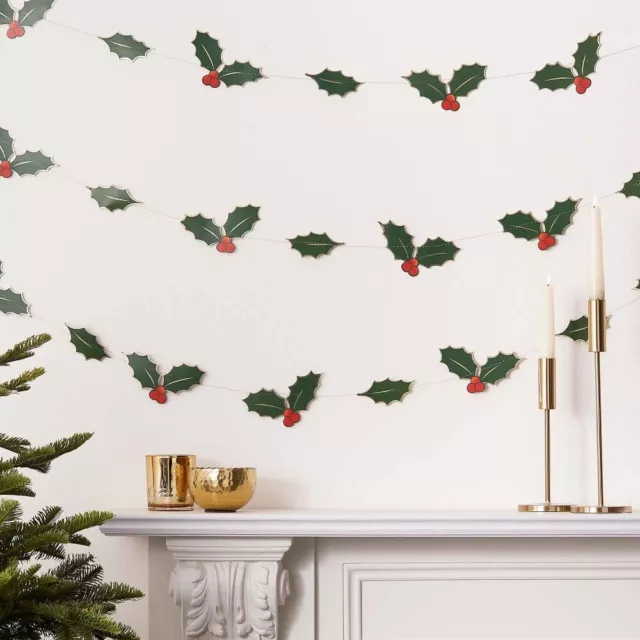 CHRISTMAS DECORATION | HOLLY LEAVES BANNER BUNTING Hanging Tree Garland Mantle