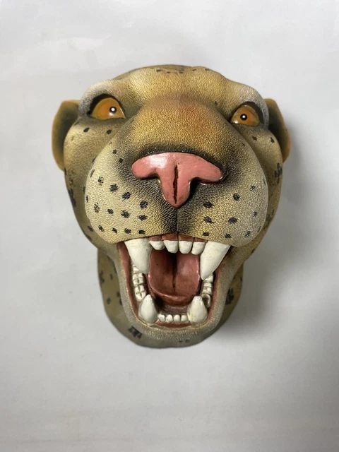 Big Vintage Hand Carved Wooden Jaguar Panther Cat Head Bust Sculpture Statue