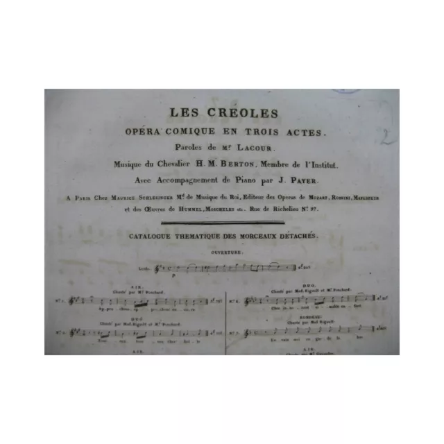 BERTON H. M. Les Créoles No 7 Chant Piano ca1830