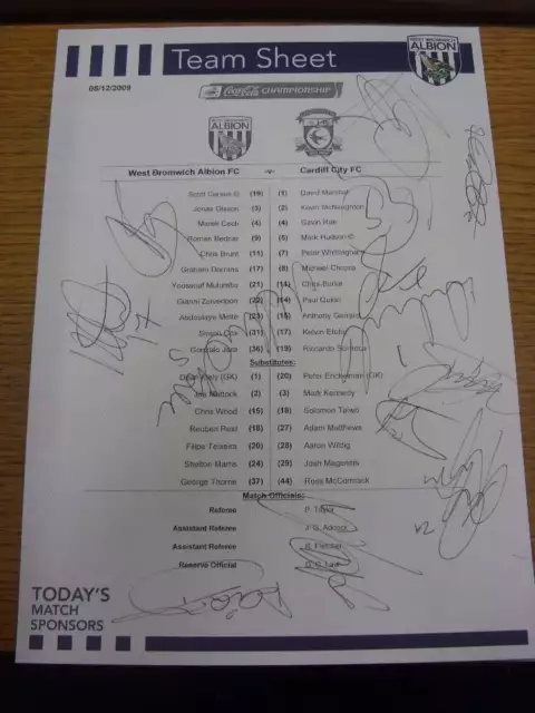 08/12/2009 Autographed Colour Teamsheet: West Bromwich Albion v Cardiff City, si