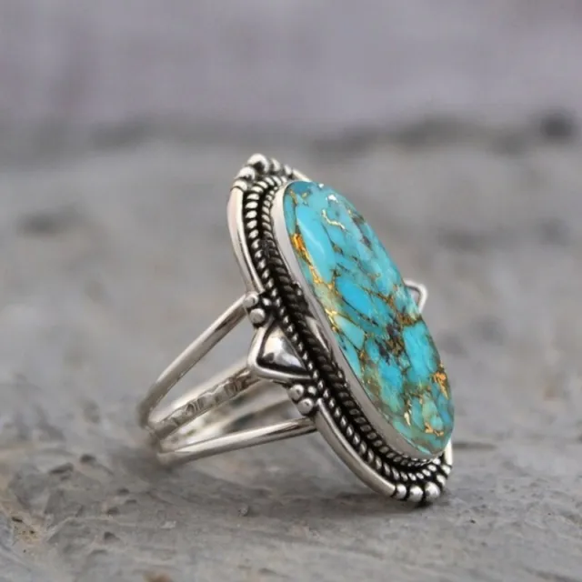 925 Sterling Silver Ring Natural Blue Copper Turquoise Gemstone Women Jewelry 2