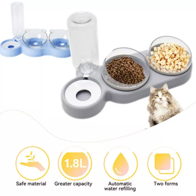 3in1 Cat Double Bowls Pet Dog Food Water Bowl Feeder Automatic Drinking Bottle