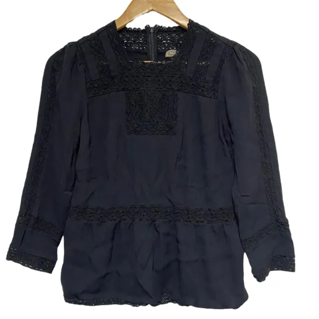 J Crew Point Sur Blouse Womens 4 S Black Lace Long Sleeve Peasant Party Top