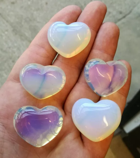 1x 32mm Opalite Crystal Gemstone Puff Heart, Palmstone Healing Third Eye Chakra