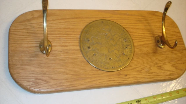 Wooden Oak Coat / Hat Hanger, 2 SOLID BRASS HOOKS-6" OLD ASIAN LOCKER EMBLEM 2