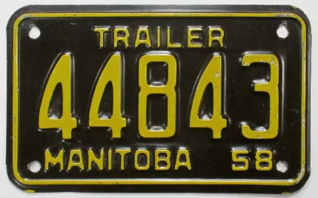 Vintage Manitoba Canada 1958 Trailer License Plate 44843 in Very Good Condition