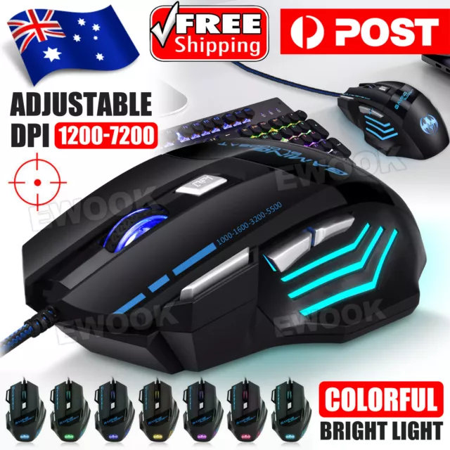 7 Button 7200 DPI LED Wired USB Ergonomic Optical Gaming Mouse For PC Laptop Mac