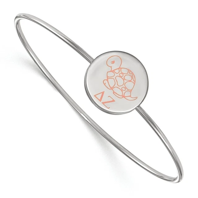 Sterling Silver Delta Zeta Pink Enamel Turtle Bangle - 8 In.