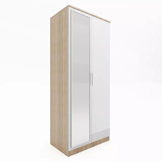 White 2 Door Wardrobe With Mirror High Gloss Bedroom Furniture Storage